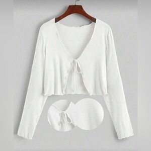 White V-Neck Long Sleeve Crop